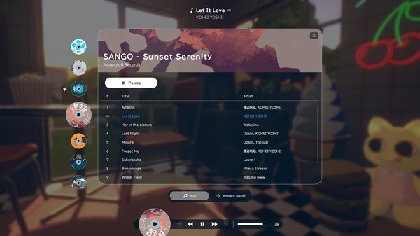 Screenshot of 'gogh: Focus with Your Avatar' showing the music playlist screen with avatars and a cozy cafe background.