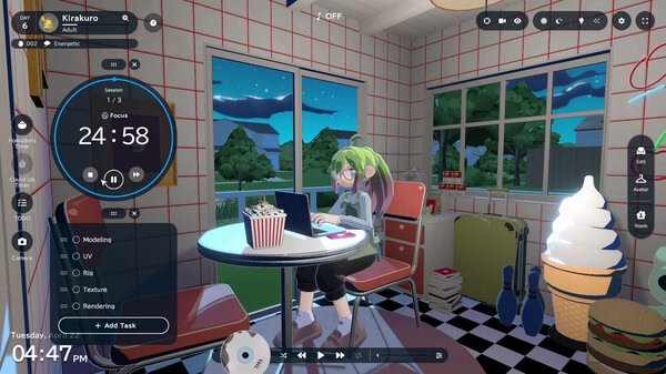 Screenshot from 'gogh: Focus with Your Avatar' showing a character focused on a laptop in a cozy room with a night sky view.