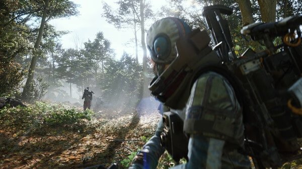 ARC Raiders screenshot: Two characters in futuristic armor navigate a sunlit forest, with one in the foreground and the other in the distance.