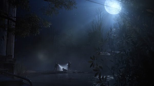 ARC Raiders screenshot: Two players explore a moonlit forest near a river, armed with flashlights amidst eerie surroundings.