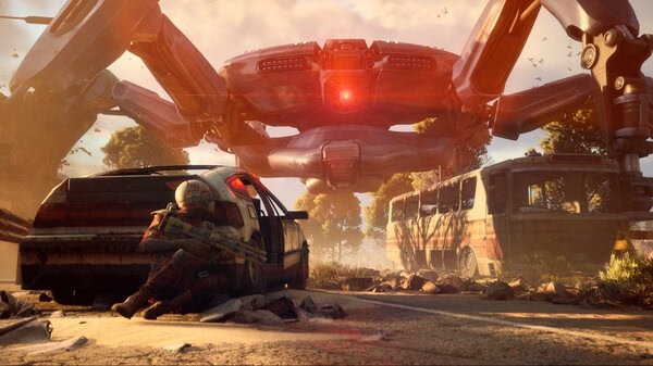 ARC Raiders screenshot: A soldier in armor hides behind a wrecked car, aiming a rifle at a massive red robot in a post-apocalyptic setting.