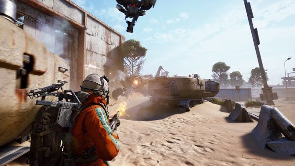 ARC Raiders screenshot: A player in an orange suit fires a gun in a desert area, with drones overhead.