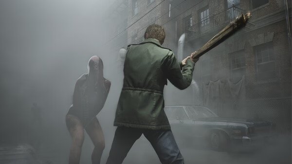 Silent Hill 2 screenshot: A character with a wooden plank faces a creature in a misty, abandoned urban area.