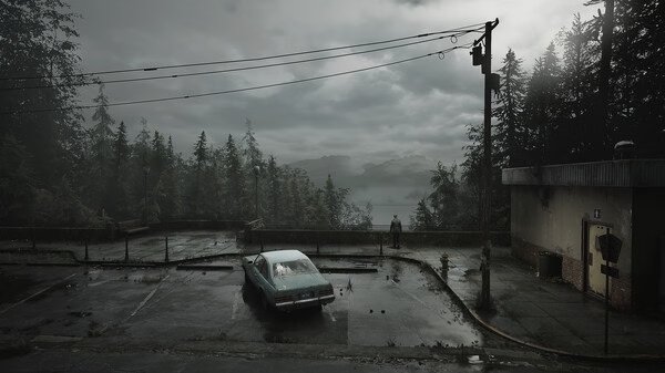 Screenshot from Silent Hill 2 showing a lone car parked in a foggy, deserted lot surrounded by dense trees and a gloomy sky.