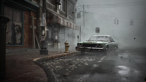 Silent Hill 2 screenshot: A green car parked on a foggy street surrounded by old buildings, street signs, and scattered debris.