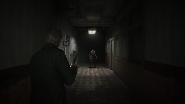 Silent Hill 2 screenshot: A character with a flashlight approaches a creature in a dimly lit hallway, creating a tense atmosphere.