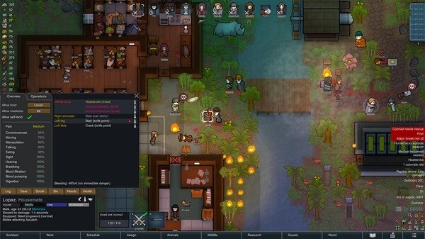 RimWorld screenshot: A colony by a river, with colonists tending crops, animals wandering, and a combat log visible on the screen.