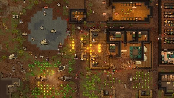 RimWorld screenshot: Colony buildings under attack, with colonists defending and crops visible. Fire and attackers approach from the left.