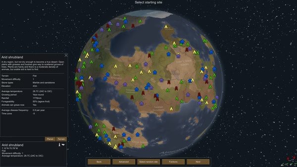 RimWorld screenshot showing a planet selection screen with biomes, factions, and terrain information for colony placement.