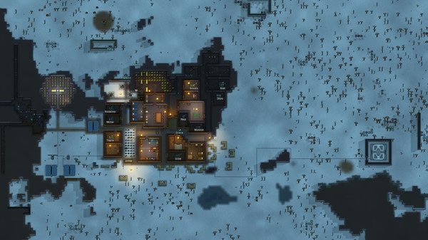 RimWorld screenshot: A snowy colony at night with illuminated buildings and scattered resources, surrounded by darkened terrain.