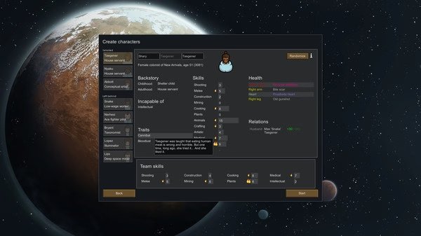 RimWorld screenshot: Character creation screen showing a female colonist with traits, skills, and health stats displayed.