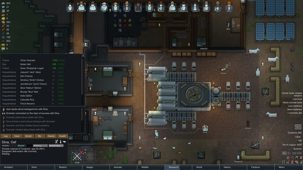 RimWorld screenshot: A base with solar panels, a central generator, and colonists' rooms. Animals and colonists are visible around the base.