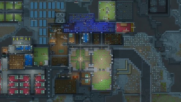 RimWorld screenshot: A top-down view of a colony base with various rooms, solar panels, and storage areas on a rocky terrain.