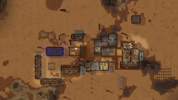 RimWorld screenshot: A desert colony with interconnected buildings, solar panels, and storage areas is shown from a top-down view.