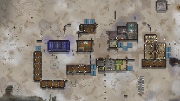 RimWorld screenshot showing a colony base with multiple buildings, solar panels, storage areas, and scattered items in a snowy biome.