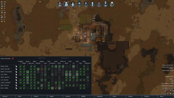 RimWorld screenshot of a colony with various buildings and a character task management panel at the bottom.