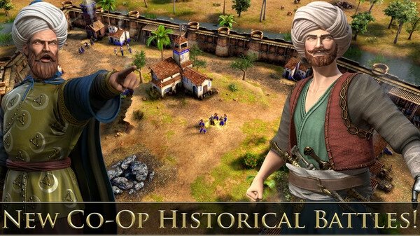 Screenshot of Age of Empires III: Definitive Edition showing two figures in front of a walled village with soldiers and trees.