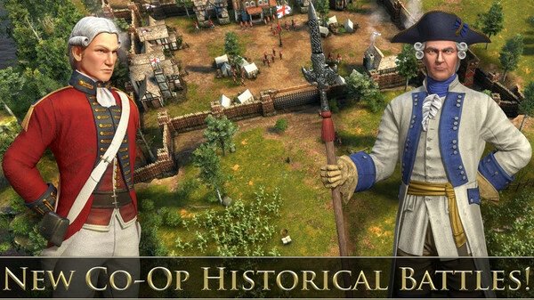 Screenshot from Age of Empires III: Definitive Edition showing two military leaders in colonial attire, with a fortified settlement in the background.