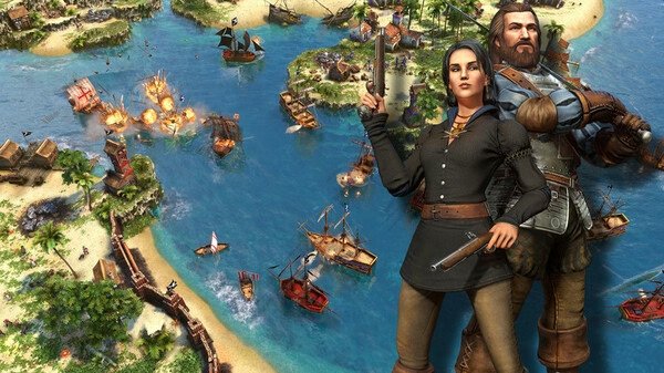 Screenshot from Age of Empires III: Definitive Edition showing naval battle, ships on fire, and two characters in pirate attire.