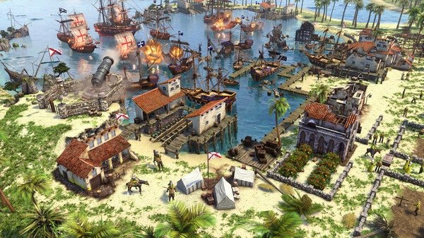 A screenshot from Age of Empires III: Definitive Edition showing a coastal village under attack by ships and cannon fire.
