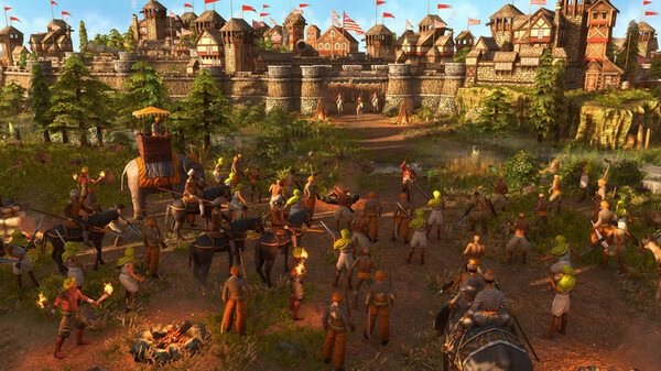 A screenshot of Age of Empires III: Definitive Edition showing villagers, soldiers, and cavalry outside a fortified town with flags.