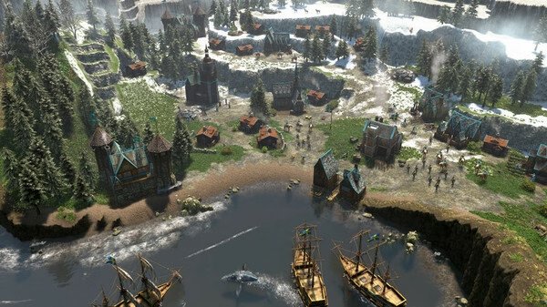 Screenshot from Age of Empires III: Definitive Edition showing a coastal settlement with ships, buildings, and trees.