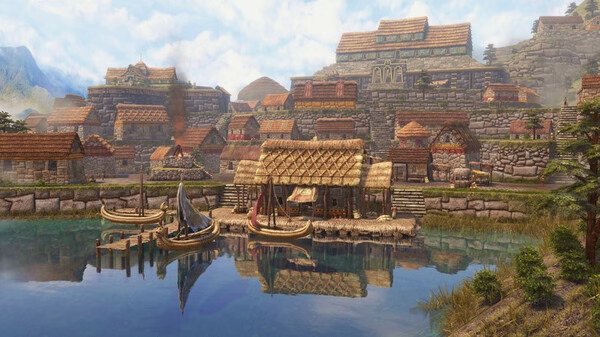 Screenshot from Age of Empires III: Definitive Edition showing a detailed lakeside village with boats and stone buildings under a clear sky.