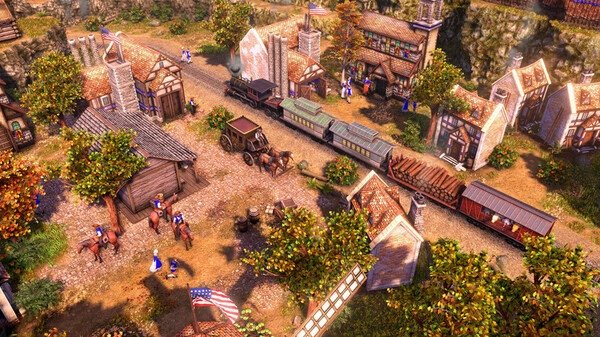 Screenshot from Age of Empires III: Definitive Edition showing a bustling village with buildings, horse-drawn carriages, and people.
