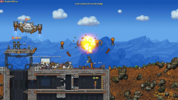 Screenshot from Cortex Command showing a base under attack with various units and explosions in a mountainous terrain.