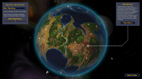 Cortex Command screenshot: A vibrant, detailed planet with selectable missions and options displayed on screen.