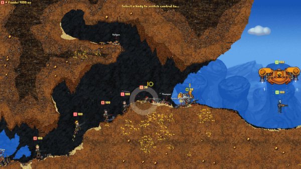 Cortex Command screenshot: A battle scene with robots and soldiers in a rocky landscape, featuring a hovering vehicle on the right.