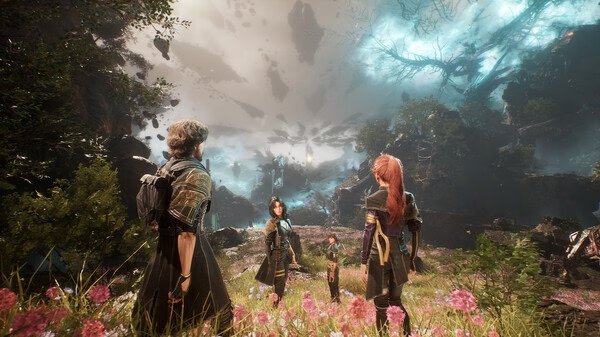 Screenshot from Clair Obscur: Expedition 33 showing four characters exploring a lush, otherworldly landscape under a dramatic sky.