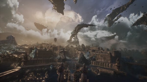 Screenshot from Clair Obscur: Expedition 33 showing two figures overlooking a vast, crumbling cityscape under a dramatic sky.