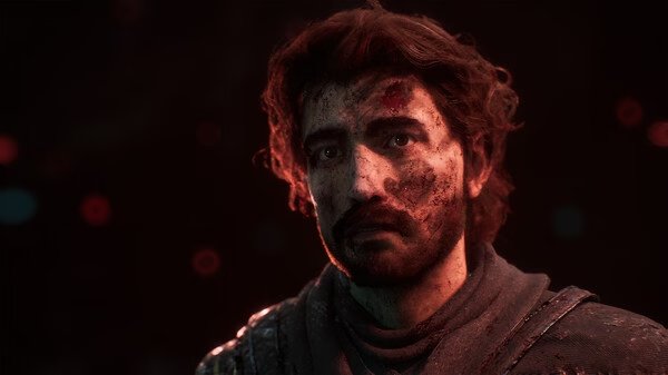 Screenshot from Clair Obscur: Expedition 33 showing a character in a dark setting with glowing red orbs in the background.