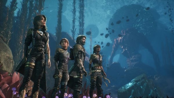 Screenshot from Clair Obscur: Expedition 33 showing four characters exploring an underwater alien landscape.