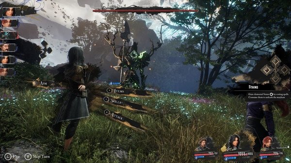 Screenshot from Clair Obscur: Expedition 33 showing a player character facing a glowing creature in a lush, mystical forest.