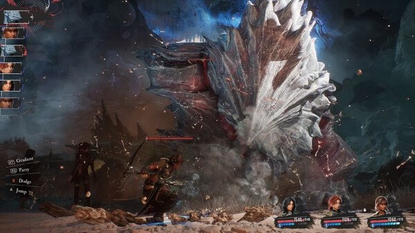 Screenshot from Clair Obscur: Expedition 33, showing a player battling a giant, icy creature with a team of three allies.