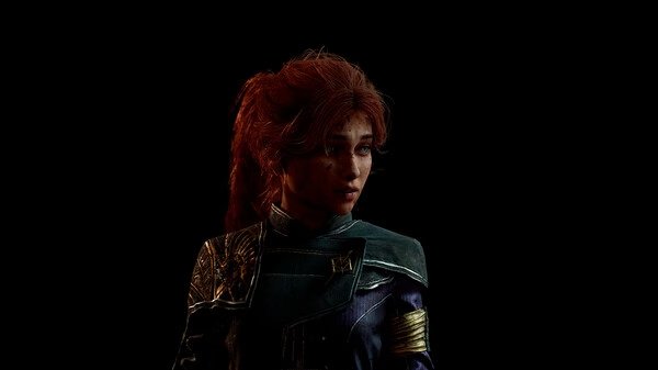 A screenshot from Clair Obscur: Expedition 33 showing a character with red hair in a detailed dark and gold outfit against a black background.