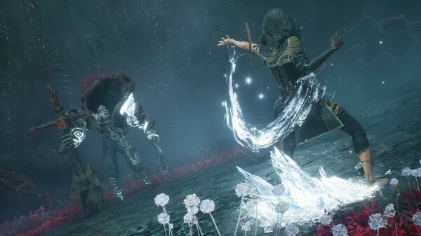 A screenshot from Clair Obscur: Expedition 33 showing a player casting spells at an armored enemy in a mystical, dark forest.