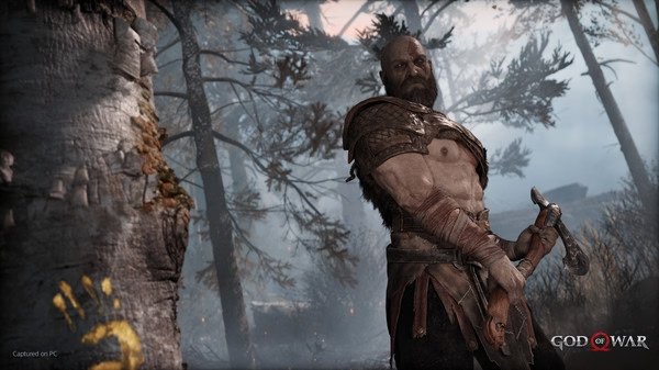 God of War screenshot: A warrior holding an axe stands beside a marked tree in a misty forest under a cloudy sky.
