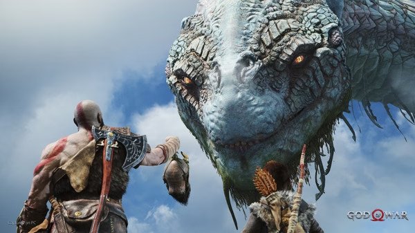 God of War screenshot: Kratos and Atreus facing the massive World Serpent under a bright sky, showcasing its detailed scales and glowing eyes.