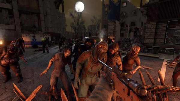A screenshot from 7 Days to Die showing a player aiming at a horde of zombies under a full moon in a ruined city street.