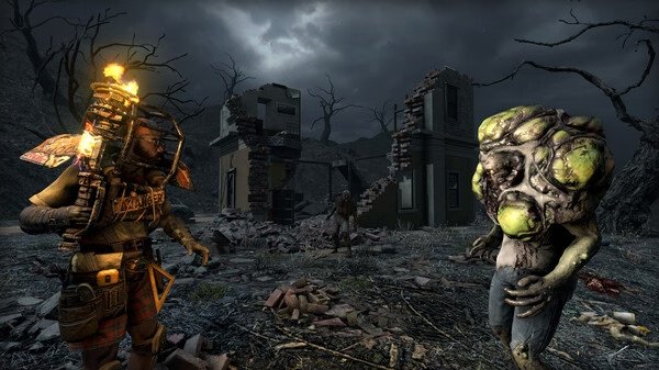 A 7 Days to Die screenshot showing a player with a torch facing a grotesque zombie near a ruined building at night.