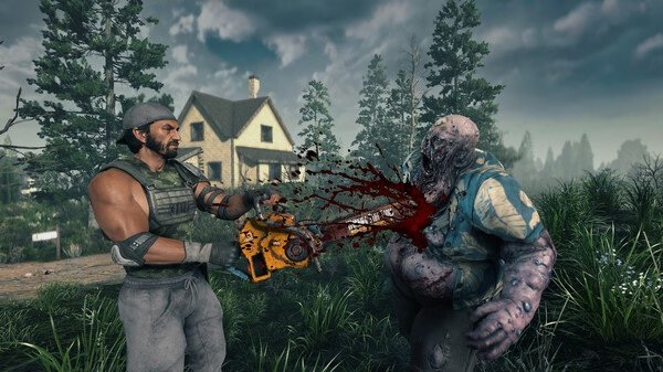 A 7 Days to Die screenshot showing a player attacking a zombie with a chainsaw near a house surrounded by trees.