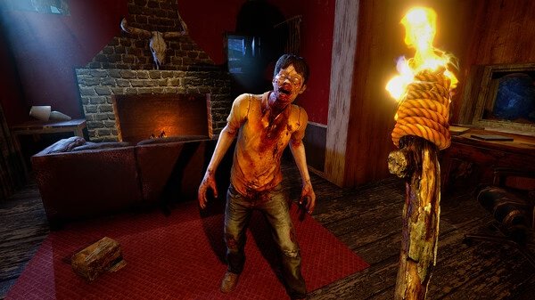 7 Days to Die screenshot: A bloodied survivor stands in a dimly lit room with a torch, near a fireplace and a mounted skull.