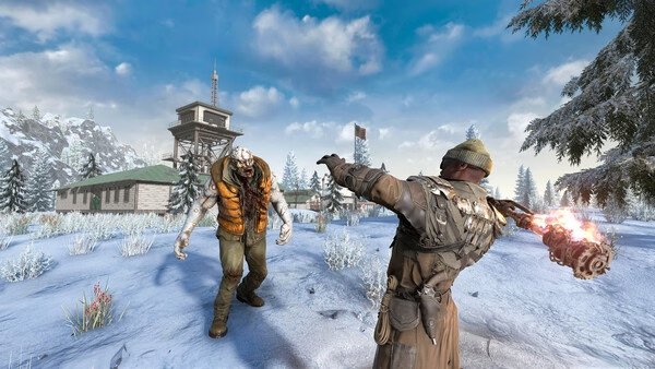 7 Days to Die screenshot: A player confronts a zombie in a snowy landscape with a flaming weapon near a watchtower.