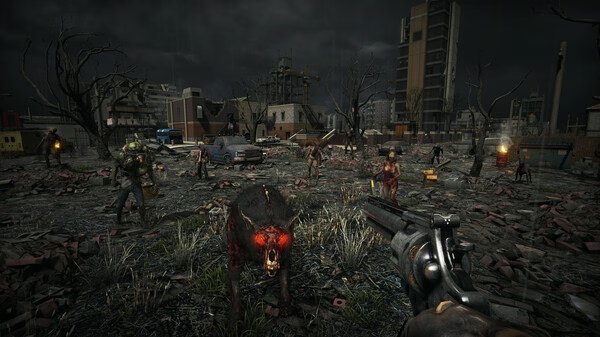 A '7 Days to Die' screenshot showing a player aiming a gun at a zombie bear, with zombies in a desolate urban landscape.