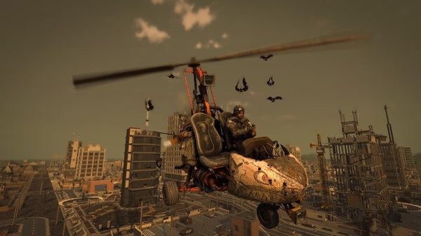Screenshot from 7 Days to Die showing a character flying a gyrocopter over a city with several buildings and birds in the sky.