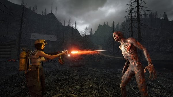 7 Days to Die screenshot: A player character fires a weapon at a zombie in a dark, forested area with a cloudy sky.