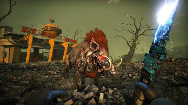 7 Days to Die screenshot: A player wields an electrified weapon facing a mutated boar near a deserted diner.